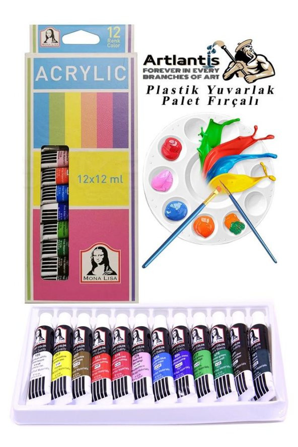 Akrilik Boya Monalisa 12 Renk 12 Ml Tüp 1 Paket 12 Li Akrilik Boya Seti ve Yuvarlak Resim Paleti Fırçalı 1 Paket 10 Hazneli Boya Paleti Sanatsal Boyalar İçin Palet Akrilik Boya ürün görseli 1