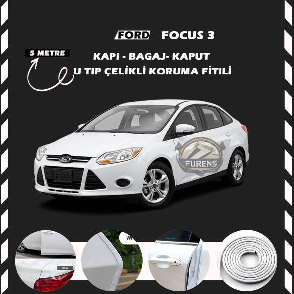 Ford Focus 3 Oto Araç Kapı Koruma Fitili 5metre Parlak Beyaz Renk ürün görseli 1