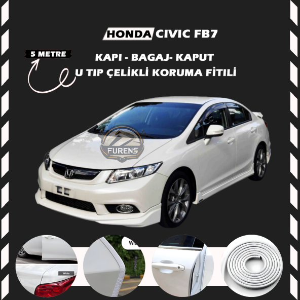 Honda Civic FB7 Oto Araç Kapı Koruma Fitili 5metre Parlak Beyaz Renk ürün görseli 1