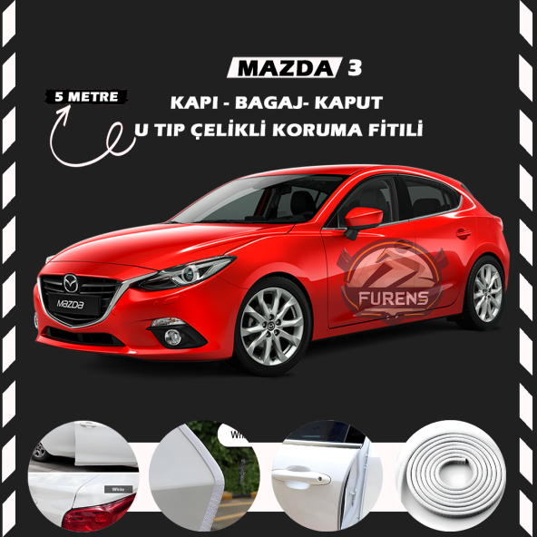 Mazda 3 Oto Araç Kapı Koruma Fitili 5metre Parlak Beyaz Renk ürün görseli 1