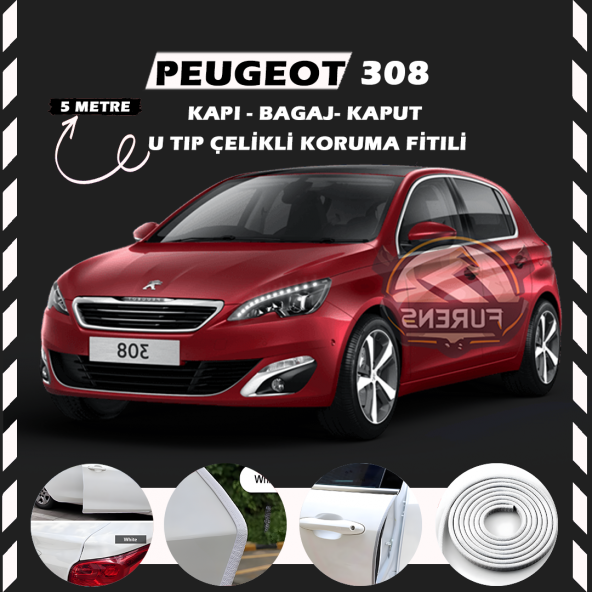 Peugeot 308 Oto Araç Kapı Koruma Fitili 5metre Parlak Beyaz Renk ürün görseli 1