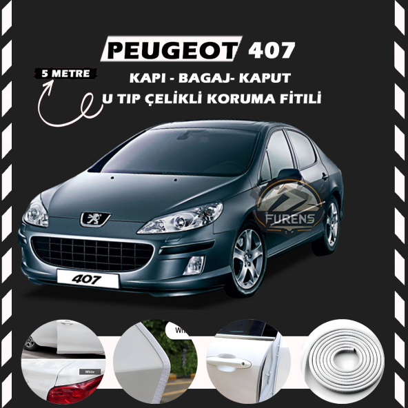 Peugeot 407 Oto Araç Kapı Koruma Fitili 5metre Parlak Beyaz Renk ürün görseli 1