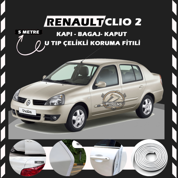 Renault Clio 2 Oto Araç Kapı Koruma Fitili 5metre Parlak Beyaz Renk ürün görseli 1