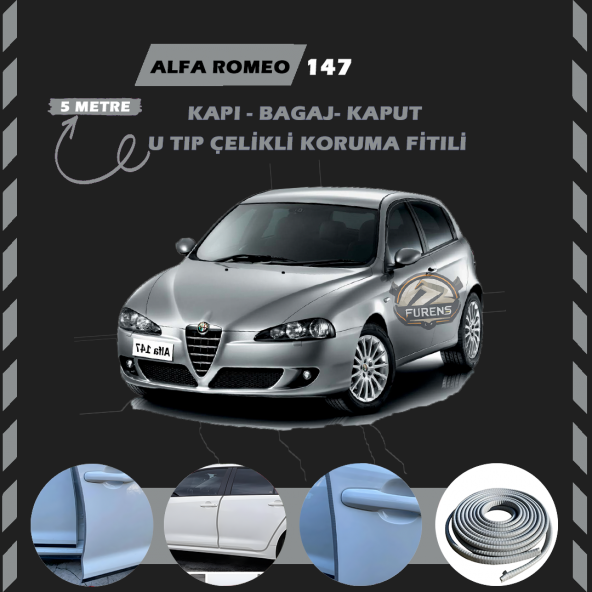 Alfa Romeo 147 Oto Araç Kapı Koruma Fitili 5metre Parlak Gri Renk ürün görseli 1