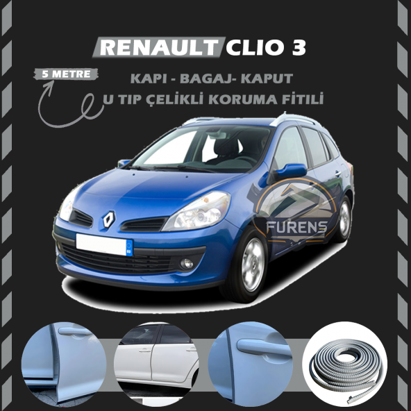 Renault Clio 3 Oto Araç Kapı Koruma Fitili 5metre Parlak Gri Renk ürün görseli 1