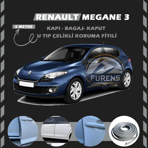 Renault Megane 3 Oto Araç Kapı Koruma Fitili 5metre Parlak Gri Renk ürün görseli 1