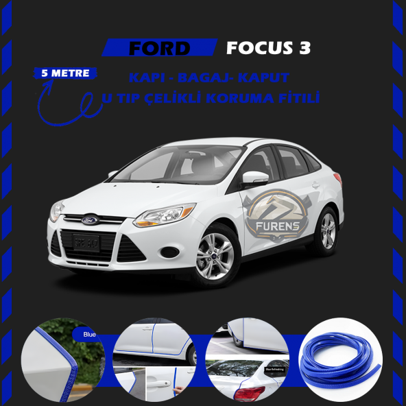 Ford Focus 3 Oto Araç Kapı Koruma Fitili 5metre Parlak Mavi Renk ürün görseli 1
