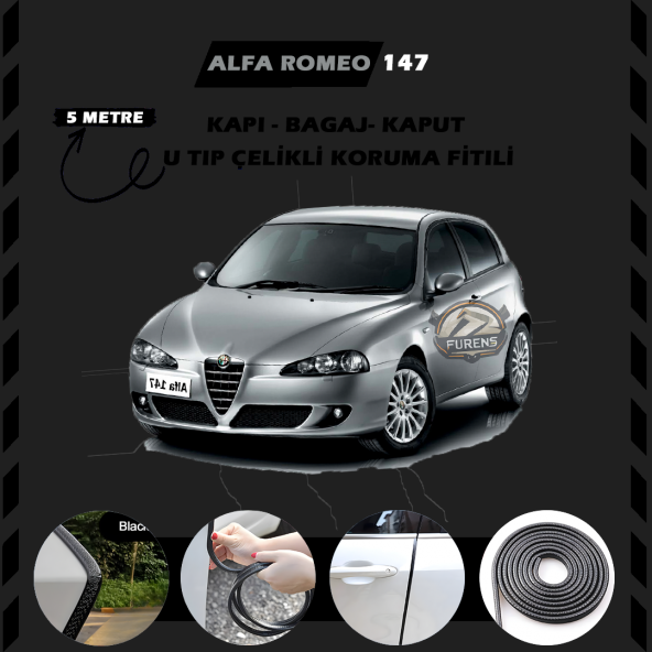 Alfa Romeo 147 Oto Araç Kapı Koruma Fitili 5metre Parlak Siyah Renk ürün görseli 1