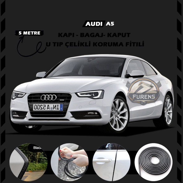 Audi A5 Oto Araç Kapı Koruma Fitili 5metre Parlak Siyah Renk ürün görseli 1