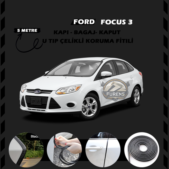 Ford Focus 3 Oto Araç Kapı Koruma Fitili 5metre Parlak Siyah Renk ürün görseli 1