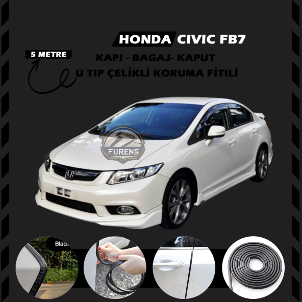 Honda Civic FB7 Oto Araç Kapı Koruma Fitili 5metre Parlak Siyah Renk ürün görseli 1