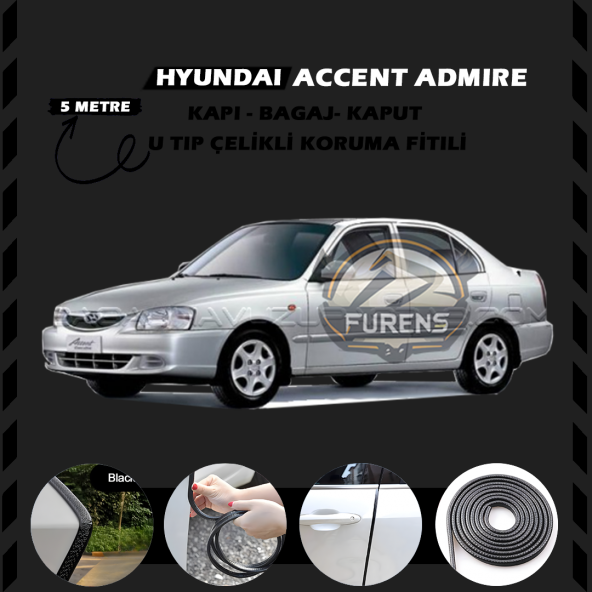 Hyunda Accent Admire Oto Araç Kapı Koruma Fitili 5metre Parlak Siyah Renk ürün görseli 1