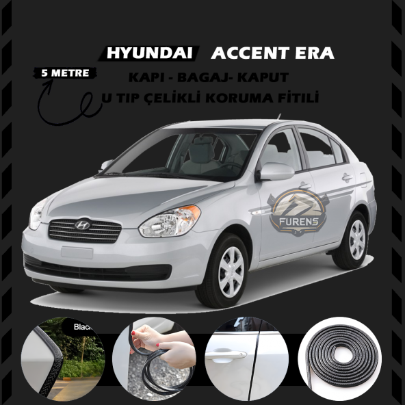 Hyundai Accent Era Oto Araç Kapı Koruma Fitili 5metre Parlak Siyah Renk ürün görseli 1