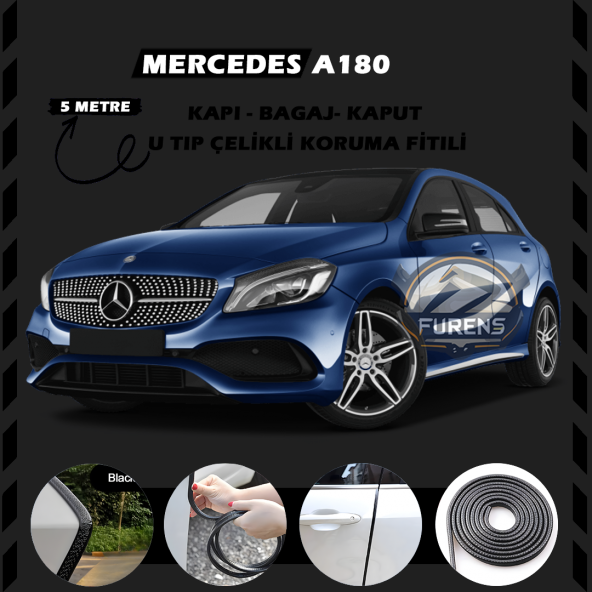 Mercedes A180 Oto Araç Kapı Koruma Fitili 5metre Parlak Siyah Renk ürün görseli 1