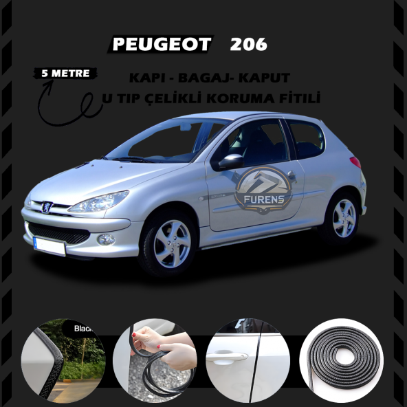 Peugeot 206 Oto Araç Kapı Koruma Fitili 5metre Parlak Siyah Renk ürün görseli 1