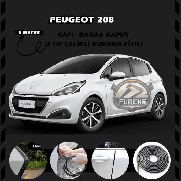 Peugeot 208 Oto Araç Kapı Koruma Fitili 5metre Parlak Siyah Renk ürün görseli 1