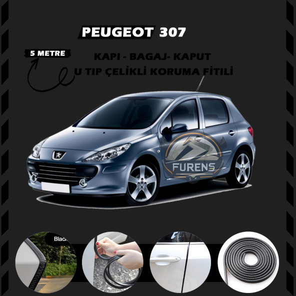 Peugeot 307 Oto Araç Kapı Koruma Fitili 5metre Parlak Siyah Renk ürün görseli 1