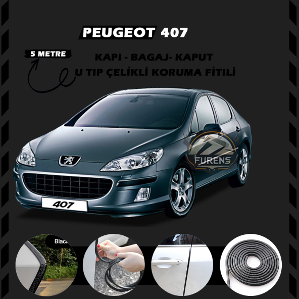 Peugeot 407 Oto Araç Kapı Koruma Fitili 5metre Parlak Siyah Renk ürün görseli 1