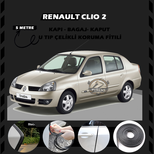 Renault Clio 2 Oto Araç Kapı Koruma Fitili 5metre Parlak Siyah Renk ürün görseli 1