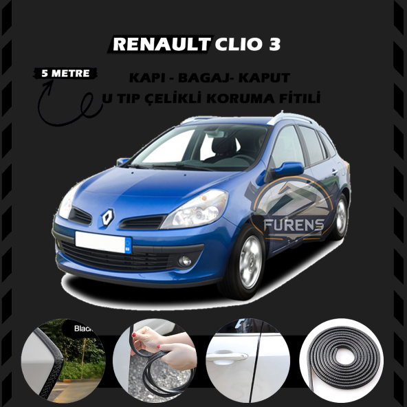 Renault Clio 3 Oto Araç Kapı Koruma Fitili 5metre Parlak Siyah Renk ürün görseli 1