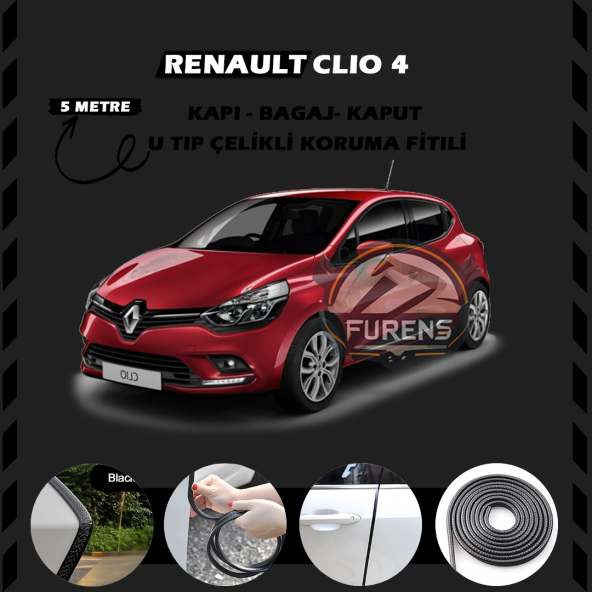 Renault Clio 4 Oto Araç Kapı Koruma Fitili 5metre Parlak Siyah Renk ürün görseli 1
