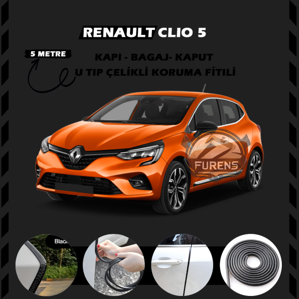 Renault Clio 5 Oto Araç Kapı Koruma Fitili 5metre Parlak Siyah Renk ürün görseli 1