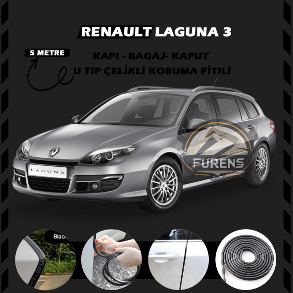 Renault Laguna 3 Oto Araç Kapı Koruma Fitili 5metre Parlak Siyah Renk ürün görseli 1