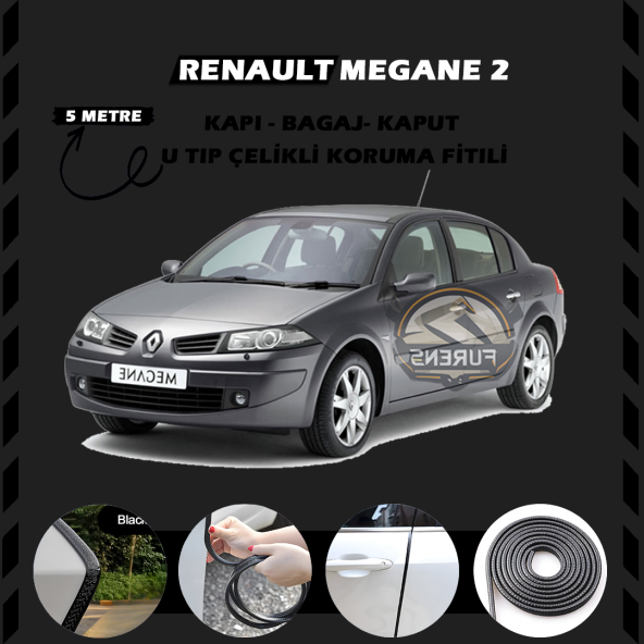 Renault Megane 2 Oto Araç Kapı Koruma Fitili 5metre Parlak Siyah Renk ürün görseli 1