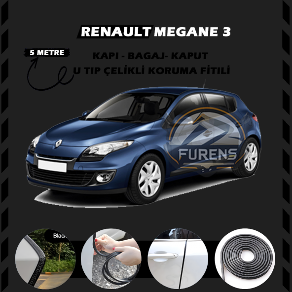 Renault Megane 3 Oto Araç Kapı Koruma Fitili 5metre Parlak Siyah Renk ürün görseli 1