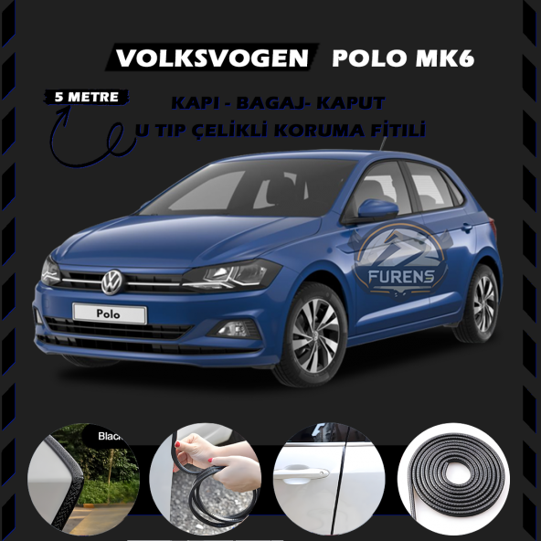 Volksvogen Polo MK6 Oto Araç Kapı Koruma Fitili 5metre Parlak Siyah Renk ürün görseli 1