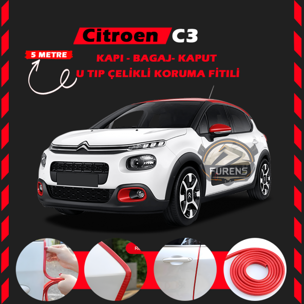 Citroen C3 Oto Araç Kapı Koruma Fitili 5metre Parlak Kırmızı Renk ürün görseli 1