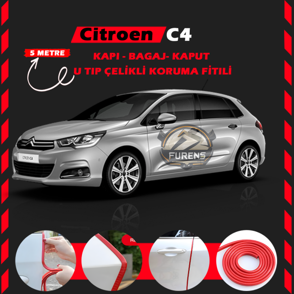 Citroen C4 Oto Araç Kapı Koruma Fitili 5metre Parlak Kırmızı Renk ürün görseli 1