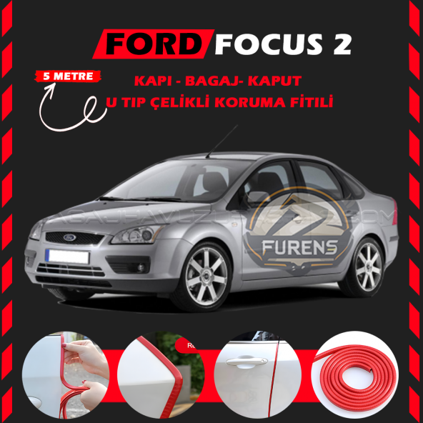 Ford Focus 2 Oto Araç Kapı Koruma Fitili 5metre Parlak Kırmızı Renk ürün görseli 1