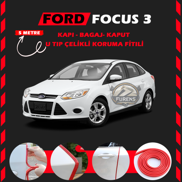 Ford Focus 3 Oto Araç Kapı Koruma Fitili 5metre Parlak Kırmızı Renk ürün görseli 1