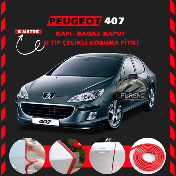 Peugeot 407 Oto Araç Kapı Koruma Fitili 5metre Parlak Kırmızı Renk ürün görseli 1