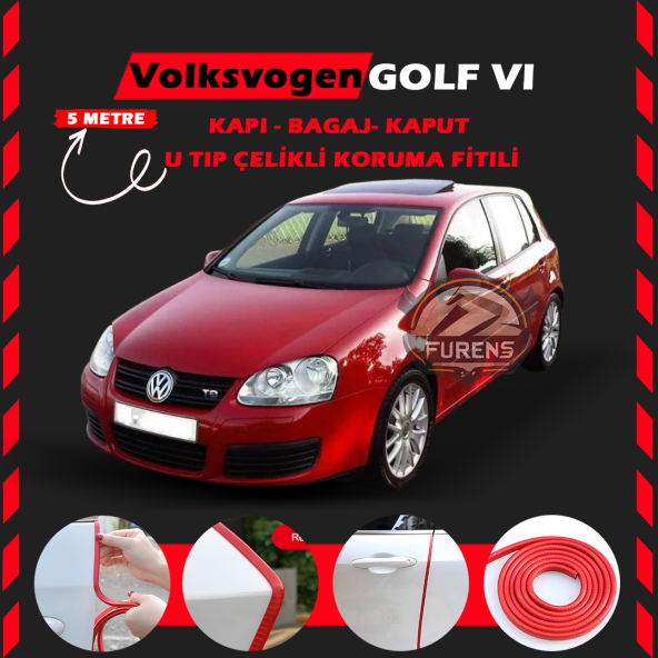 Volksvogen Golf 5 Oto Araç Kapı Koruma Fitili 5metre Parlak Kırmızı Renk ürün görseli 1