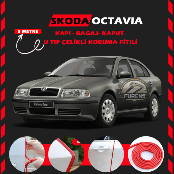 Skoda Octavia Oto Araç Kapı Koruma Fitili 5metre Parlak Kırmızı Renk ürün görseli 1