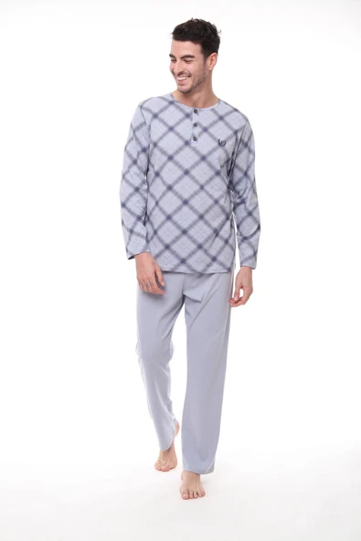 Pijadore 1407 Erkek Büyük Beden Uzun Kollu Kareli Düğmeli Pijama Takım ürün görseli 1
