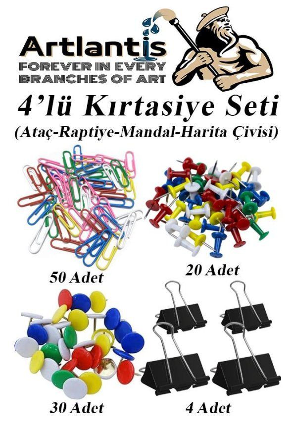 4 lü Kırtasiye Seti Mandal Raptiye Ataç Harita Çivisi 1 Paket Metal Kıskaç Klips Okul Ofis Büro Seti ürün görseli 1