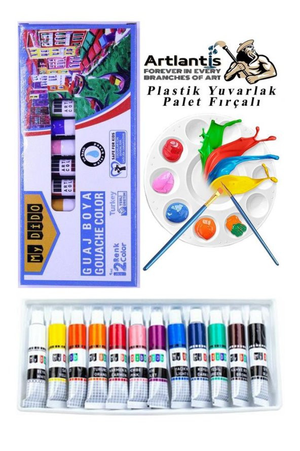 Guaj Boya 12 Renk Mydido 9 Ml Tüp 1 Paket 12 Li Guaj Boya Seti ve Yuvarlak Resim Paleti Fırçalı 1 Paket 10 Hazneli Boya Paleti Sanatsal Boyalar İçin Palet Guaj Boya ürün görseli 1