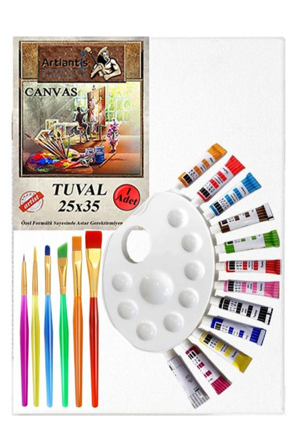 Guaj Boya Hobi Boyama Seti 1 Paket 25x35 cm Tuval 12 li Guaj Boya Tüp Resim Paleti Fırça Seti 6 lı ürün görseli 1