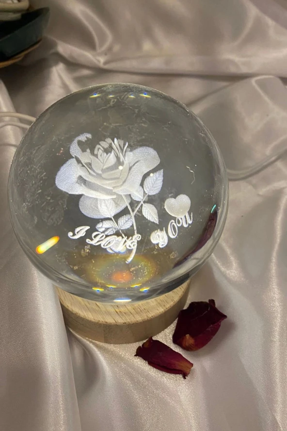 3D Led Işık Cam Küre Çiçek Gül 7 cm - Resim 4