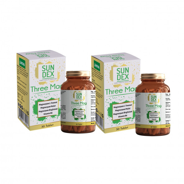 SUNDEX Three Mag 2 li Paket (Magnezyum L-Treonat + Malat + Bisglisinat + Vitamin B6) 30 Tablet ürün görseli 1