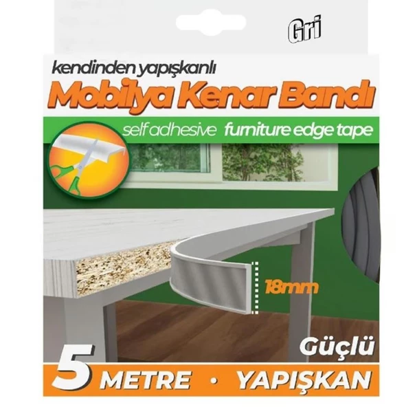 Kendinden Yapışkanlı Masa,Raf,Dolap,Tezgah,Mobilya Kenar Bandı 18mmX5 Metre-Gri ürün görseli 1