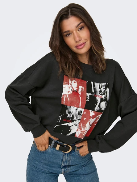 ONLY Bayan Önü Baskılı Bisiklet Yaka Sweatshirt 15312656 ürün görseli 1