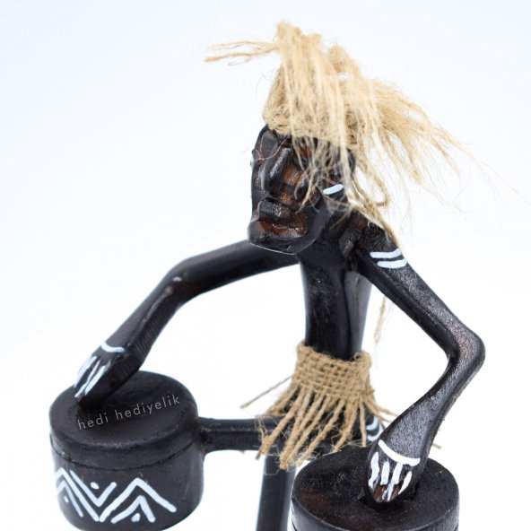 Ahşap Afrikalı Adam, Yerli Adam Figürü, Çift Davul, Biblo - Resim 3