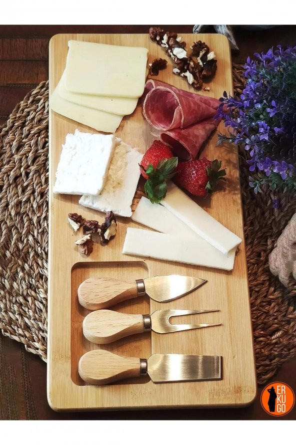4 Parça Bambu Peynir Sunum Tahtası ve Çatal - Spatula - Bıçak Seti, Peynir Kesim Panosu, Sunum Seti ürün görseli 1