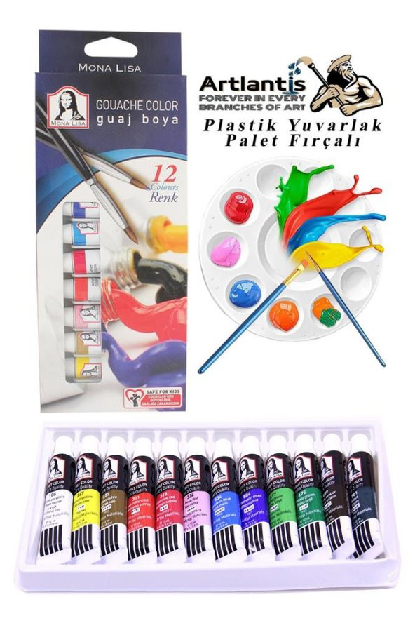 Guaj Boya 12 Renk Monalisa 12 Ml Tüp 1 Paket 12 Li Guaj Boya Seti ve Yuvarlak Resim Paleti Fırçalı 1 Paket 10 Hazneli Boya Paleti Sanatsal Boyalar İçin Palet Guaj Boya ürün görseli 1