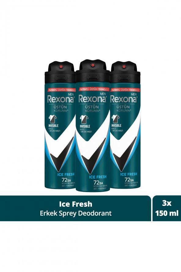 Rexona Men Erkek Sprey Deodorant Invisible Ice Fresh 72 Saat Kesintisiz Üstün Koruma 150 Mlx3 ürün görseli 1