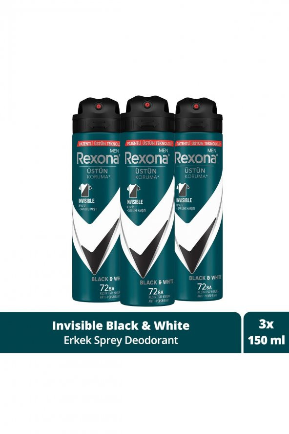 Rexona Men Erkek Sprey Deodorant Invisible Black & White 72 Saat Kesintisiz Üstün Koruma 150 Mlx3 ürün görseli 1